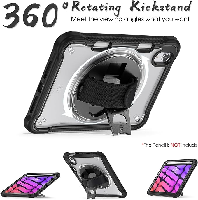 BRAECNstock Case for iPad mini 7 (A17 pro) 2024 & Mini 6 2021 8.3-inch,Shockproof Protective Cover with Pencil Holder,Screen Protector,360° Rotating Hand Strap/Stand-Black