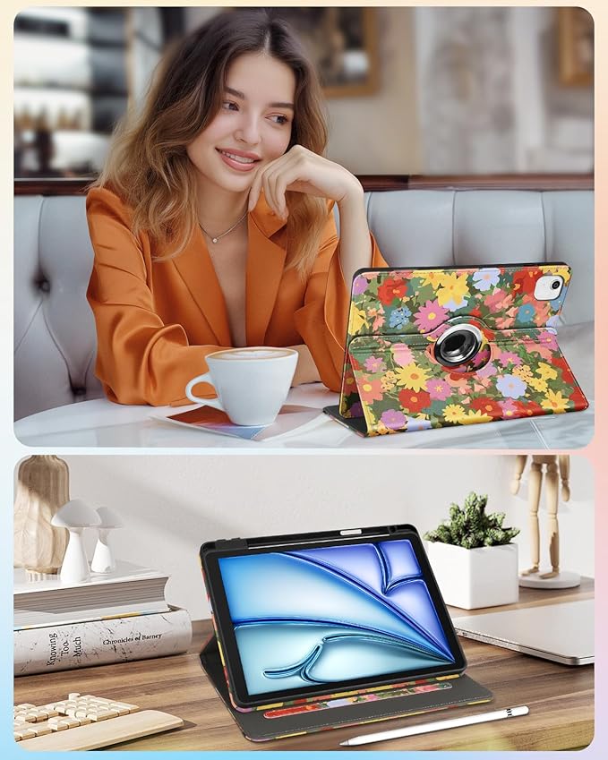 Kidcube for iPad Air 11 Inch Case M3/M2, Air 5th/4th Generation Cases 10.9'', Pro 11'' 2020 - Women Girls Aesthetic Cute Rotating Stand Folio Cover with Pencil Holder & Card Slot Kawaii Cat Flower