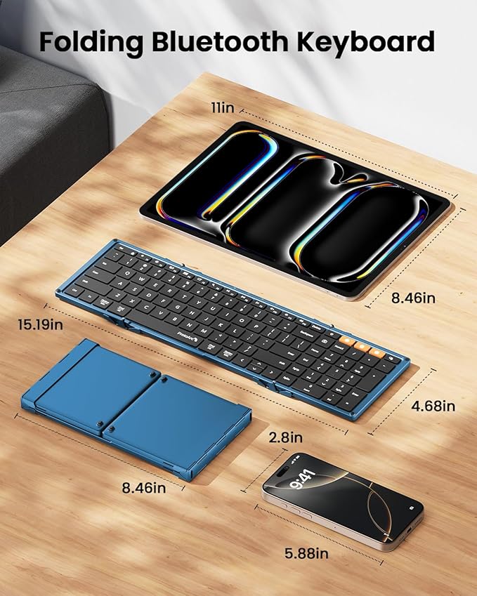 ProtoArc Foldable Bluetooth Keyboard, XK01 Full-Size Portable Wireless Keyboard for Travel, 105 Keys, 0.65" Keycaps, Multi-Device Sync for iPad Tablet Smartphone Laptop PC Windows iOS Android, Blue