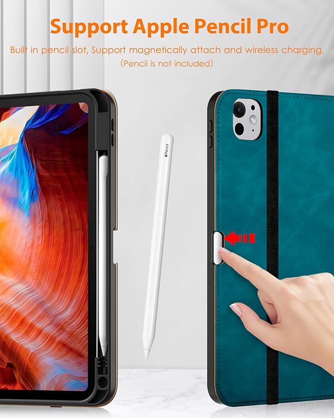 DTTO for iPad Pro 11 inch Case (M5/M4) 2025/2024, Premium Leather Business Folio Stand Cover with Pencil Holder - Auto Wake/Sleep and Multiple Viewing Angles, Teal