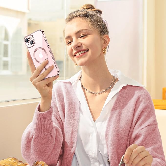 Hython Magnetic Clear for iPhone 15 Case with Camera Lens Protector [Compatible with MagSafe] Luxury Plating Edge Slim Soft TPU Cover Protective Phone Case for iPhone 15 6.1", Pink