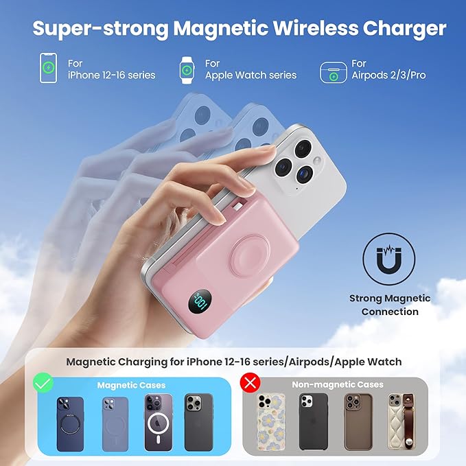 Magnetic Portable Charger for MagSafe with Built-in Cable,iWatch Charger,10800mAh Wireless Power Bank Travel Essentials,25W PD Fast Charging Battery Pack for iPhone 17/16/15/14/13/12,Apple Watch-Pink