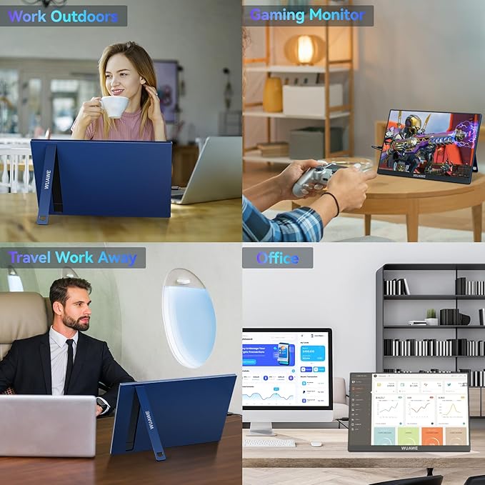 WUAWE 16" 1200P 120Hz Portable Monitor for Laptop, 100% sRGB Portable Laptop Monitor with Built-in Stand, HDR and Freensync, External USB C Monitor for Phone, MacBook, Laptop, PC(Blue)