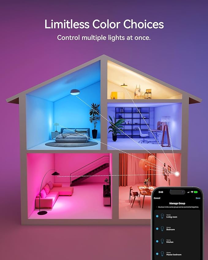 Matter Smart Light Bulbs, Color Changing Light Bulb, hub Required, A19 60W,2.4Ghz WiFi only,Compatible with Alexa Google Assistant, Apple Home,16 Million Colors RGBCW 800 Lumen,6 Pack