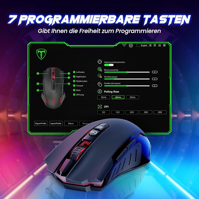 RisoPhy PC400 Wireless Gaming Mouse with 8000 DPI, 2.4G & Bluetooth Dual Mode Connection - Ergonomic Design, 7 Programmable Buttons, RGB backlighting, Precision Sensor for PC and Gaming