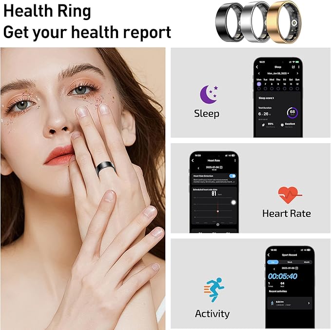 Smart Health Ring for Women Men Fitness Tracker with Heart Rate, Blood Oxygen,Sleep Monitoring, Step Counting, IP68 Waterproof for iPhone and Android, No Subscription (Bright Silver, 9)