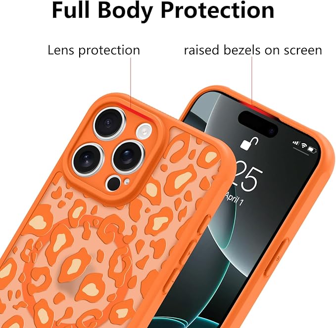 KANGHAR Case for iPhone 16 Pro Orange Leopard Printed Pattern Cute Cheetah [Compatible with Magsafe] Protective Magnetic Case for Girls Women 6.3"