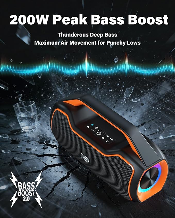 Portable Bluetooth Speaker Bass Boost, 120W Peak Loud Powerful Speakers Wireless w/2*Bass and 2*tweeters, 20H Playtime,IPX6 Waterproof, BT5.4, Suitable for Party, Beach, Camping,Outdoor,Large Jobsite,