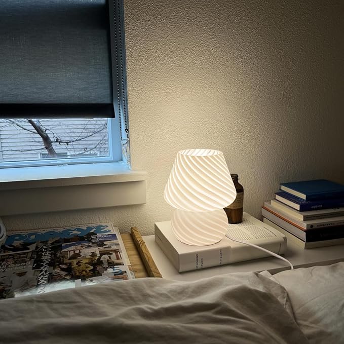 ONEWISH Mushroom Lamps Set of 2 - Small Bedside Table Lamp with Striped Glass, Nightstand Lamp for Bedroom, Living Room, Bulb Included(White)