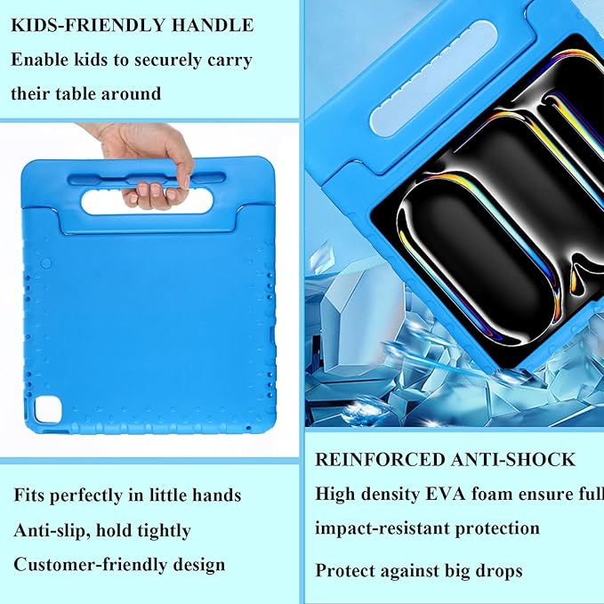 for iPad Air 13-inch Case M3/M2 (2025/2024) for Kids with Pencil Holder/Kickstand, Anti-Slip Handle Stand Lightweight Soft EVA Foam Shockproof Rugged Bumper Tablet Protective Cover, Blue
