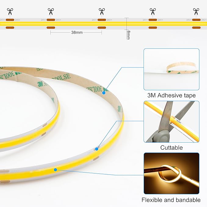 AXMOTUT 65.6ft COB LED Strip Light Warm White, High Bright LED Strips with 320LEDs, RF Remote and UL Power Supply, 3000K Dimmable LED Lights for Bedroom,Kitchen, DIY Home Decoration, 2 Rolls of 32.8ft