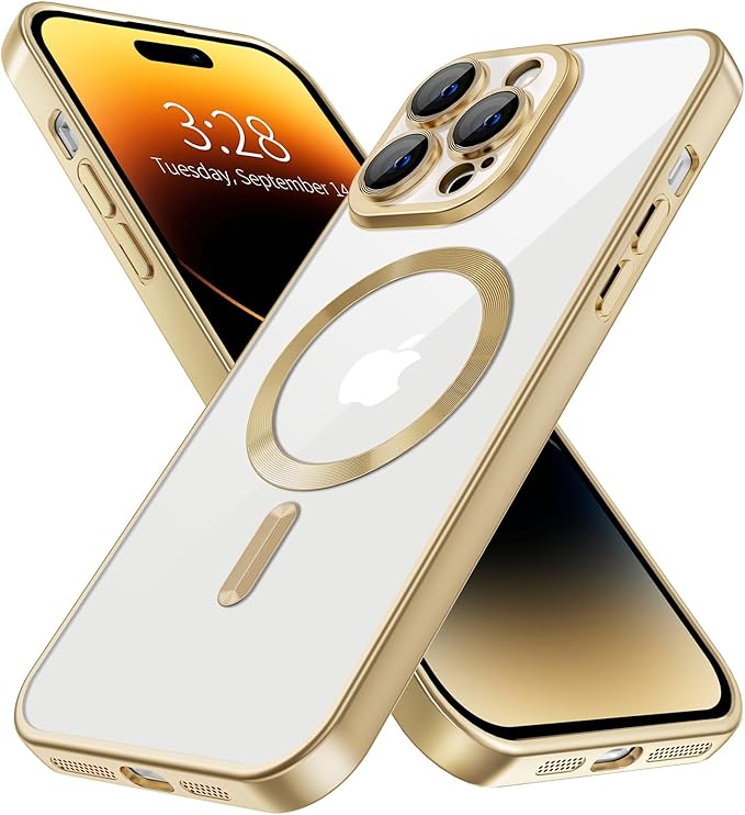 Hython Magnetic Clear for iPhone 14 Pro Max Case with Camera Lens Protector [Compatible with MagSafe] Plating Edge Slim Soft TPU Cover Protective Phone Case for iPhone 14 Pro Max 6.7", Matte Gold