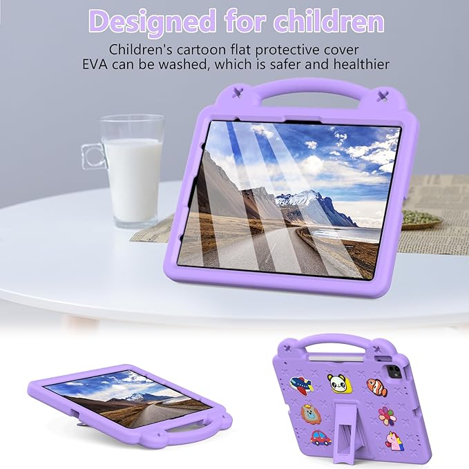 Kids Case for iPad Air 13 inch M3 2025/M2 2024,iPad Pro 13 inch M4 2024 & iPad Pro 12.9 inch Case 6th/5th/4th/3rd Gen 2022 2021 2020 2018 with Stand/Pencil Holder/Handle, Light Purple Bear