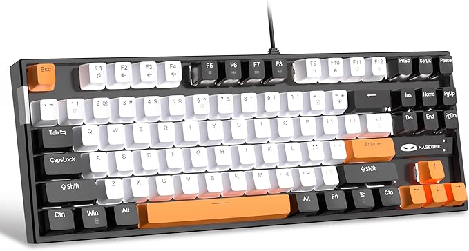 MageGee 75% Mechanical Gaming Keyboard, Yellow Switch, LED White Backlit, 87 Keys Compact TKL Wired Computer Keyboards for Windows Laptop PC Gamer - White/Black
