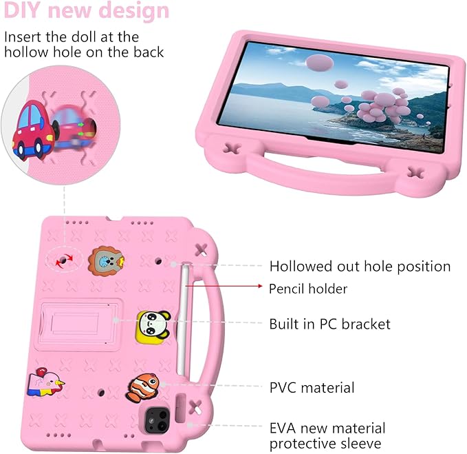 for Apple iPad Air 11 inch Kids Case M3/M2 (2025/2024) Slim Folding Stand Cover with Pencil Holder/Handle/Kickstand Cute DIY Lightweight Cute Soft EVA Foam Shockproof Tablet Cover, Pink Bear