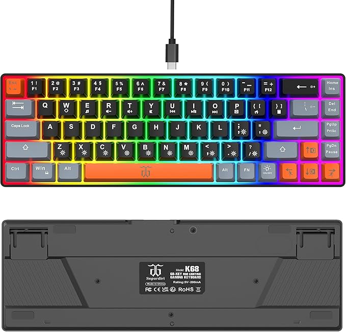 Snpurdiri 60% Percent Gaming Keyboard, Compact RGB Backlit Small Gaming Keyboard for Windows, PC, Laptop (68 Keys, Black-Grey-Orange)