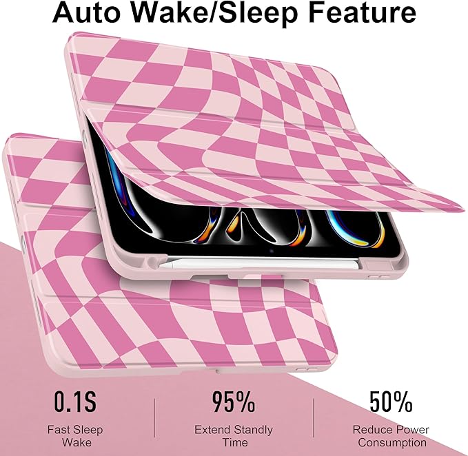 TWOLSKOO Case for iPad Pro 11-inch (M5 2025 / M4 2024), Clear Acrylic Back with TPU Bumper, Pencil Holder, Trifold Stand, Auto Sleep/Wake, Pink Wavy Checker