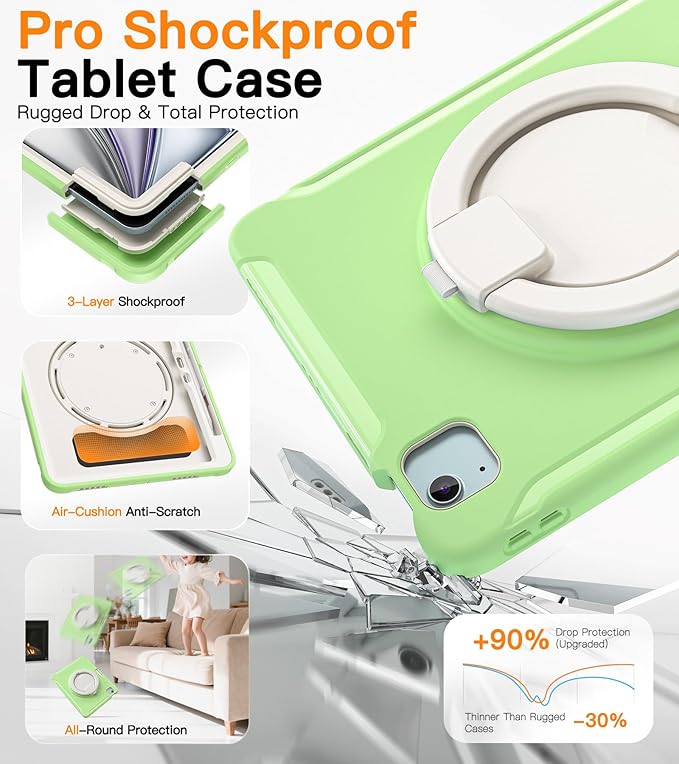 BATYUE Shockproof Case for iPad Air 11" M2/M3/M4, Air 4/5 10.9", iPad Pro 11" 1st-4th Gen 2018-2022 | 360° Multi-Angle Stand (Portrait & Landscape) & Grip, Built-in Pencil Holder, Match Green