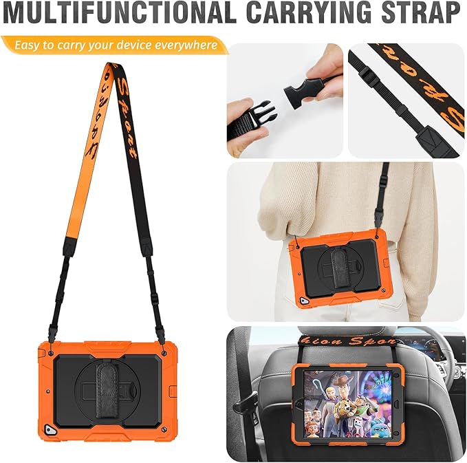 HXCASEAC Rugged Case for iPad Pro 9.7, iPad Air 2, 9.7 inch, Full Body Protective Design with Pencil Holder, Built-in Screen Protector, Rotating Stand, Hand Strap, for iPad Air 2 Hard Case (Orange)