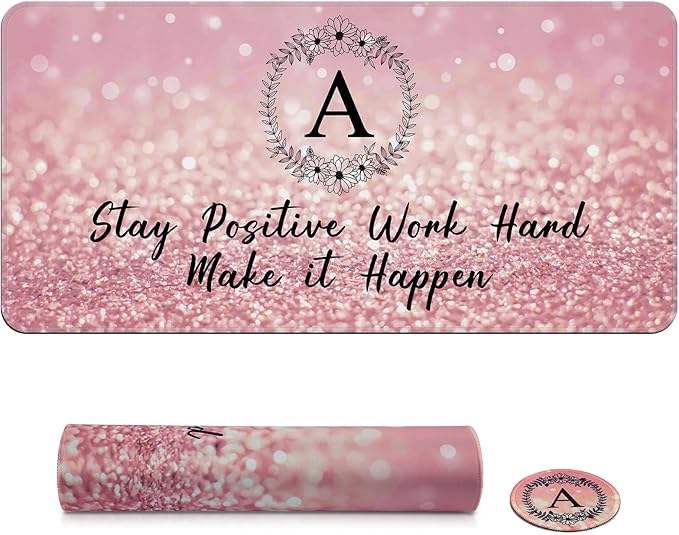 Pink Large Gaming Mouse Pad with Coaster, Desk Mat, Mouse Pad for Computer Keyboard Laptop Office Decor, Stitched Edges Extended Mousepad, 31.5'' x15.6'' -Letter A