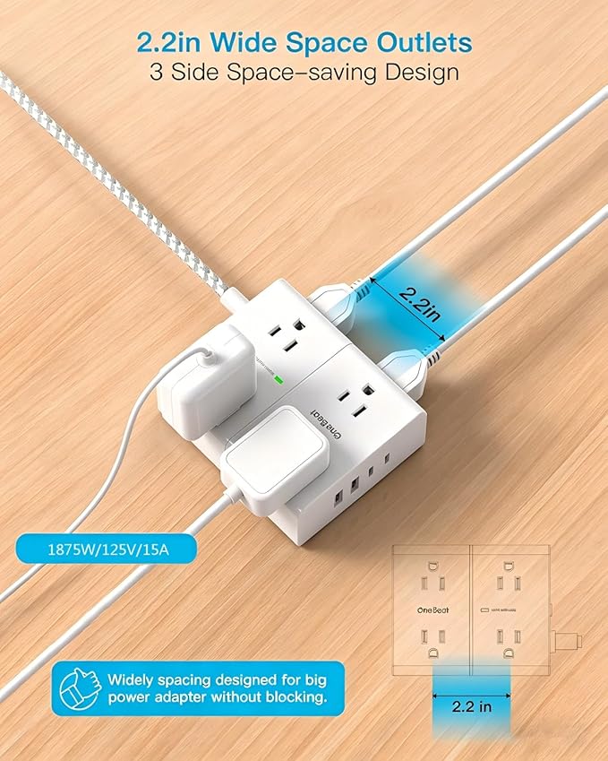 Extension Cord 20 Ft, One Beat Surge Protector Power Strip 20 Ft Long Cord, 8 AC Outlets with 4 USB Ports(2 USB C), White Power Strip for Home Office College Dorm Room, Desk Essentials