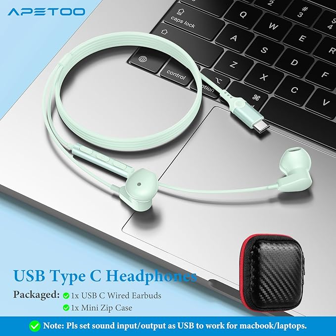APETOO USB C Headphones for iPhone 17 Pro Max 16 15 Plus iPad USB-C Wired Earbuds with Mic Volume Control HiFi Stereo Type C Earphones for Galaxy S26/S25/S24/S23/S22 Ultra, Pixel 10 9 8 7, Mint Green