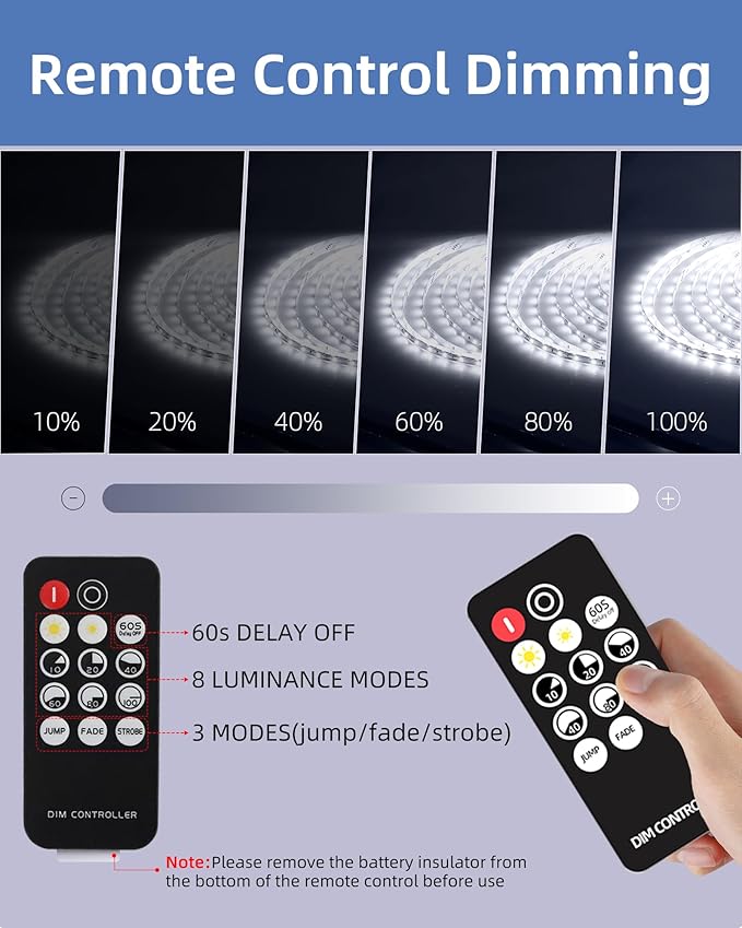 20ft LED Strip Lights with Remote, 6500K Daylight White Dimmable Tape Lights, 12V 360 LEDs 2835 Strong Adhesive Rope Lights for Cabinet Kitchen Ceiling Closet Vanity Mirror Stairway Basement