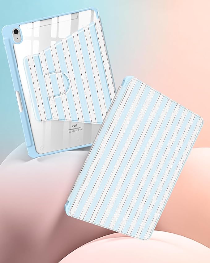 Uppuppy for iPad A16 Case for iPad 10th Generation Case 10.9 inch - 360 Degree Rotating Stand Folio Smart Cover with Pencil Holder for Women Girls, Blue & White Stripes for Apple 10th 2022/11th 2025