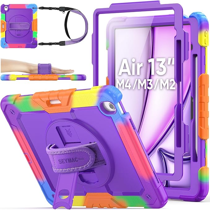 SEYMAC stock Case for iPad Air 13-inch M4-M2 2026-2024 (Gen 8-6), Shockproof Heavy Duty Case with Screen Protector, Pencil Holder, Rotating Stand, Hand Strap, Shoulder Strap, Purple