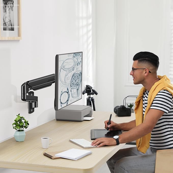Monitor Wall Mount Fits 17-32 Inch Flat/Curved Computer Screens, Single Arm Holds up to 19.8lbs, Height Adjustable Gas Spring Wall Monitor Stand Tilt, VESA Mount 75x75/100x100