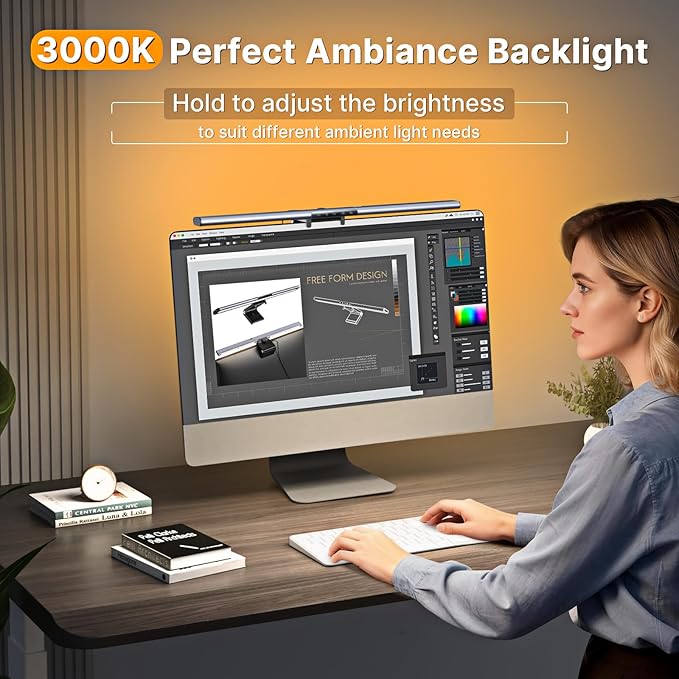 Syrinx 16.7" Computer Monitor Light Bar with Ambient Backlight, USB Reading LED Lamp, Screen Monitor Lamp, Touch + Gesture Control, Dimmable Desk Light, Eye-Caring, No Screen Glare for (Basic)
