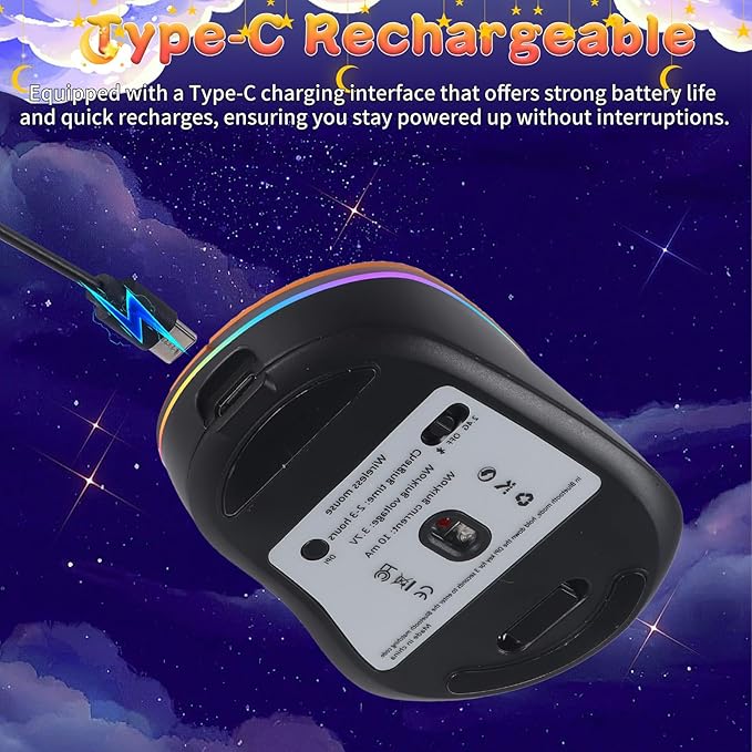 elec Space Bluetooth Wireless Mouse with Starry Sky RGB Backlight - Ergonomic Dual Mode Rechargeable Mouse, Type-C Charging - Perfect for Office, Gaming & Travel (Orange)