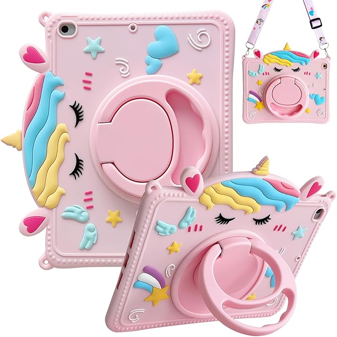 Kids Case for Apple iPad Pro 11 4th 3rd 2nd 1st Gen 2022/2021/2020/2018, iPad Air 5th 4th Gen Case, Cute Design EVA Kickstand Shockproof Kids Friendly Bumper Cover with Shoulder Strap, Pink Unicorn
