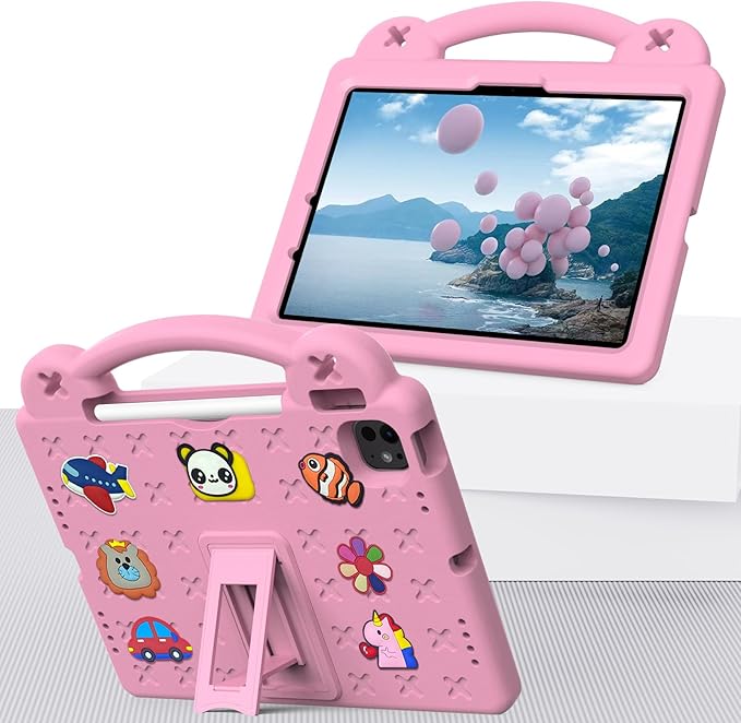for Apple iPad Air 11 inch Kids Case M3/M2 (2025/2024) Slim Folding Stand Cover with Pencil Holder/Handle/Kickstand Cute DIY Lightweight Cute Soft EVA Foam Shockproof Tablet Cover, Pink Bear