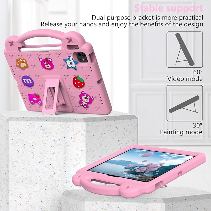 Dteck for iPad Air 6th Gen 11 Inch Case 2024,iPad Pro 11 Inch Case 2024 5th Gen(M4),Strawberry Panda Shockproof Rugged Lightweight Convertible Stand Kids Friendly Tablet Case with Handles,Pink