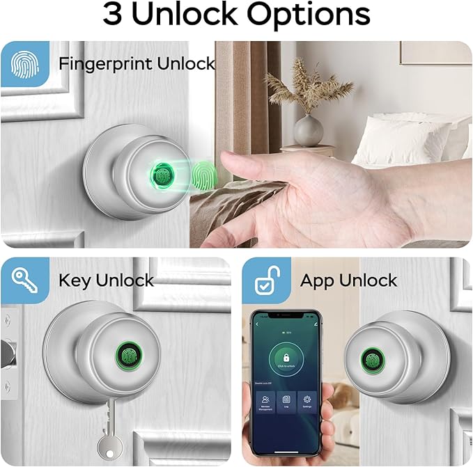 GeekTale Fingerprint Door Lock for Bedrooms, Fingerprint Door Knob with Lock, Smart Door Lock, App Control, Back-up Keys, Thumbprint Door Knob for Bedrooms, Office, Apartment