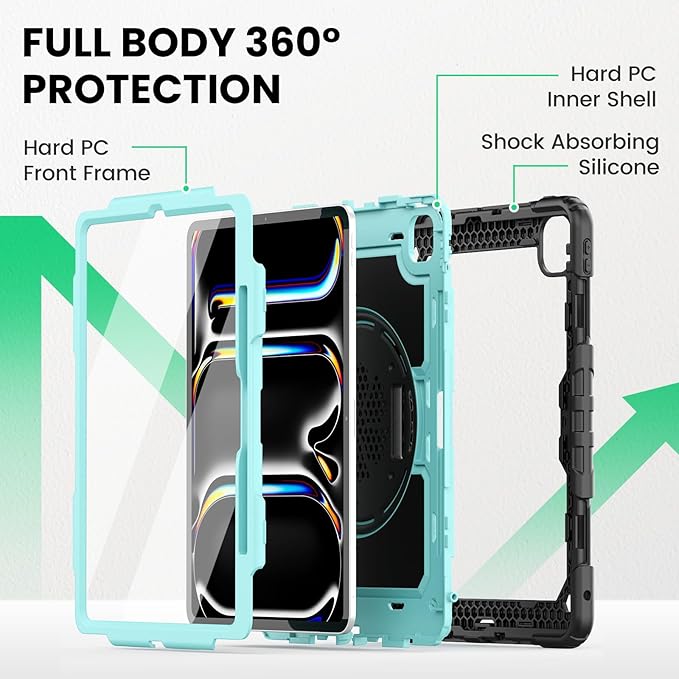 SEYMAC Case for iPad Pro 13 Inch M5 2025 / M4 2024, Heavy Duty Shockproof Protective Case with Screen Protector, 360° Rotating Stand, Hand/Shoulder Strap and Pen Holder, Light Blue