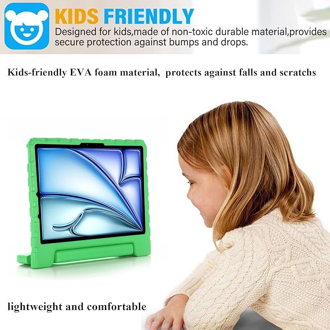 Kids Case for iPad Pro 11 inch M5/M4 (2025/2024) with Pencil Holder/Convertible Handle Stand Shockproof Slim Lightweight Cute Soft EVA Heavy Duty Rugged Kickstand Cover for Children, Green