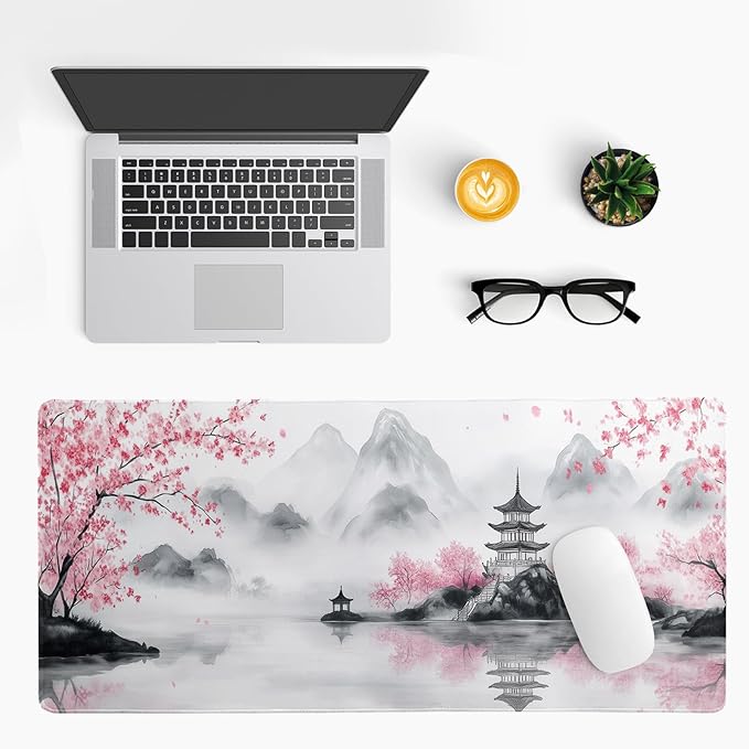 Pagoda Mouse Pad 31.5x11.8 Inch White Full Desk Japanese Mousepad Extended Large Non-Slip Rubber Base Waterproof Big Keyboard Mat with Stitched Edges for Gaming and Office