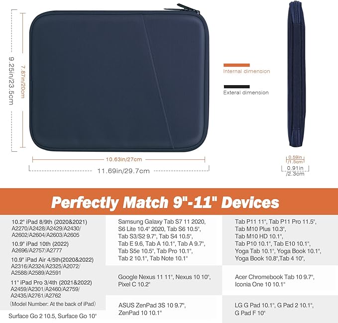 MoKo 9-11 Inch Tablet Sleeve Case, Fits New 11inch iPad Air M4/Pro M5, iPad A16 11", i-Pad 10/9/8/7th/Air 5/4th 10.9"/10.2", Tab S9/S8 11", Protective Bag Carrying Case with Pocket, Indigo