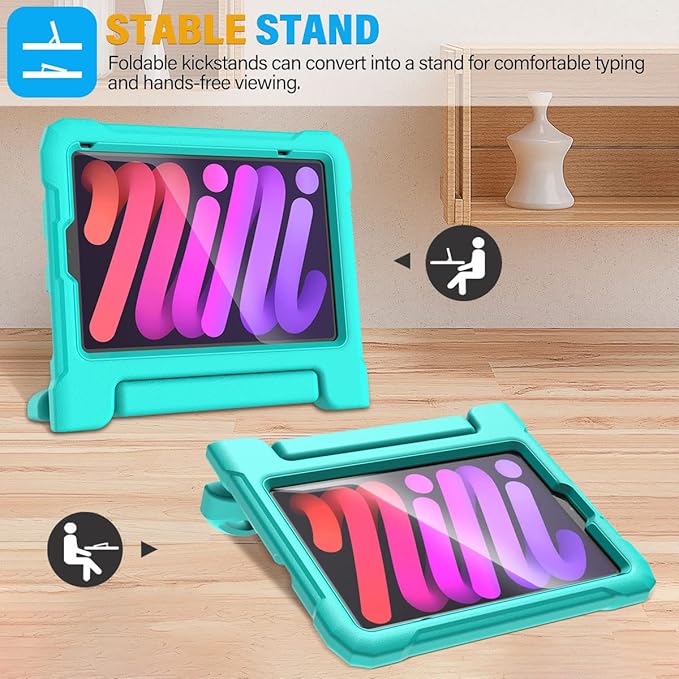SUPLIK Kids Case for iPad mini 7 (A17 Pro) 2024 & Mini 6 2021, iPad mini 6th/7th Generation Case with Screen Protector, Durable Shockproof Handle Stand Cover for 8.3-inch iPad mini 6/7 Gen, Cyan