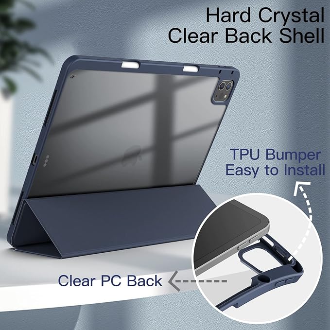 JETech Case for iPad Pro 12.9-Inch (2022/2021/2020/2018) with Pencil Holder, Clear Transparent Back Shell Slim Stand Shockproof Tablet Cover, Auto Wake/Sleep (Navy Blue)