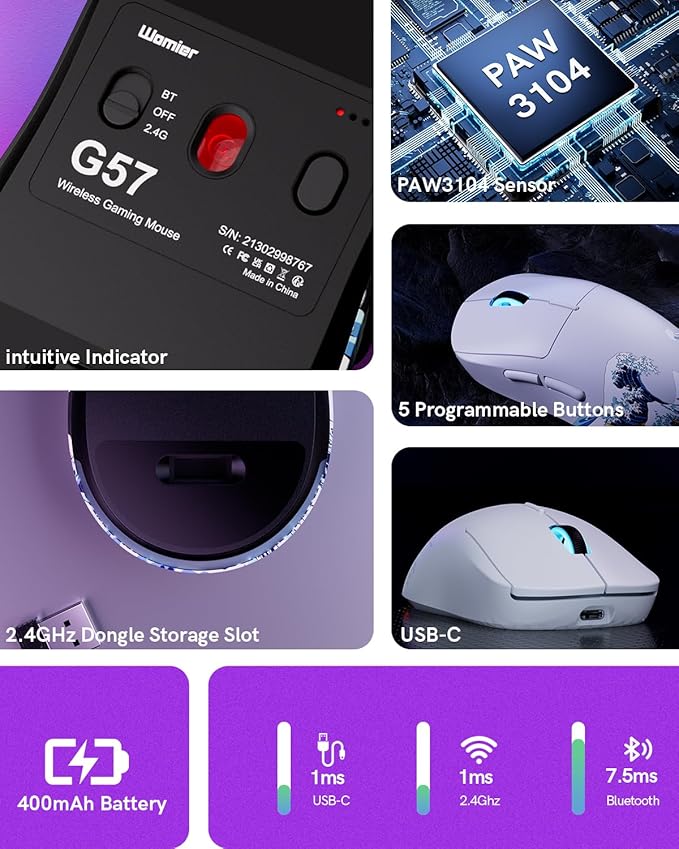 G57 Wireless Gaming Mouse, 8000 DPI, 80g, 2.4G/Bluetooth/USB-C Rechargeable Wireless Mouse with 5 Programmable Buttons for PC/Mac, White