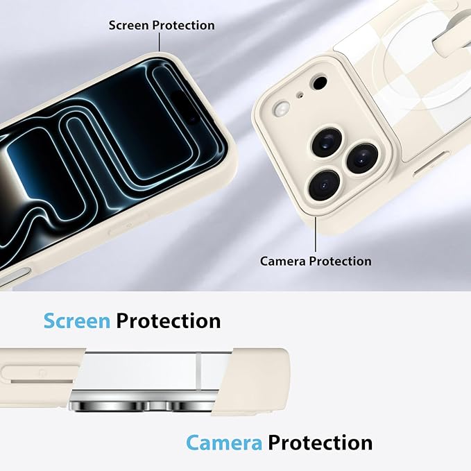 KANGHAR Compatible with iPhone 17 Pro Case, Support for MagSafe, Silicone Checkered Cute Pattern, Wristband Kickstand Camera Protection Soft Slim Cover for Girls Women -White