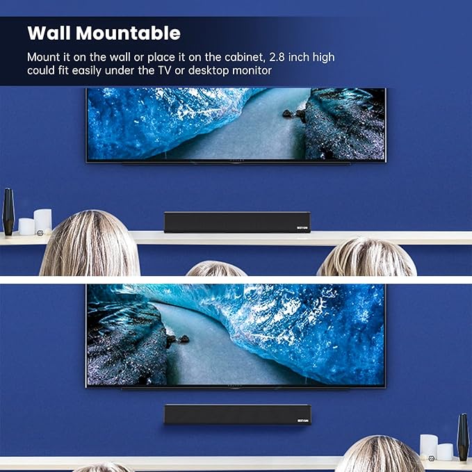 Sound Bar, BESTISAN 50 Watts Soundbar with HDMI, Optical, AUX, USB,Sub Out and Bluetooth Connection, DSP, Bass Adjustable, 16 Inch, Mountable