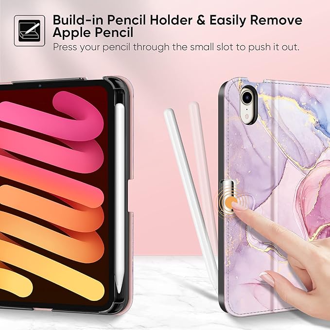 Fintie Folio Case for iPad Mini 7 (A17 Pro, 7th Generation) 2024 / iPad Mini 6 (6th Gen) 8.3 Inch, Multi-Angle Smart Stand Cover with Pencil Holder & Pocket, Auto Sleep/Wake, Dreamy Marble