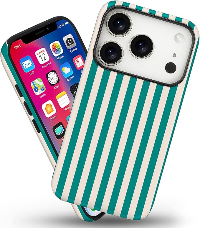 Magnetic for iPhone 17 Pro Max Case Cute Stripes Phone Case, Shockproof Slim TPU and Hard PC Protective Phone Cover Compatible with MagSafe Designed for Women Girls, Emerald Green