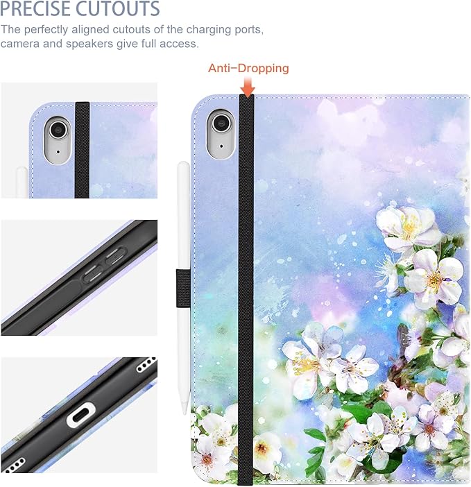 for iPad (A16) 11Th/10Th Generation Case 2025/2022, for iPad Case 11Th/10Th Generation, 10Th/11Th Gen iPadCase Cover Pencil Holder/Hand Strap/Pocket/Adjustable Stand, Blue Flower