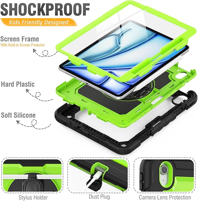 HXCASEAC Rugged Case for iPad Air 11 inch M4 M3 M2 (2026 2025 2024), Heavy Duty Protective Design with Pencil Holder, Screen Protector, Rotating Stand, Hand Strap, for iPad Air 11 Hard Case (Green)