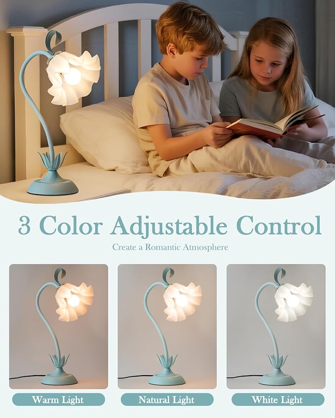 WERFOP Flower Table Lamp, LED Reading Light Vintage Bedside Table Lamp with 3 Color Modes for Nightstand, Kawaii Decoration for Home Bedroom Living Room (Blue)
